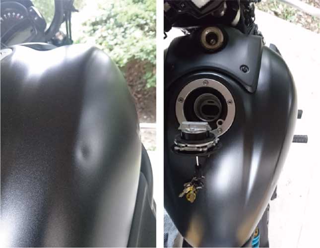 バイクタンクのヘコミ写真とタンク給油口の写真-黒
